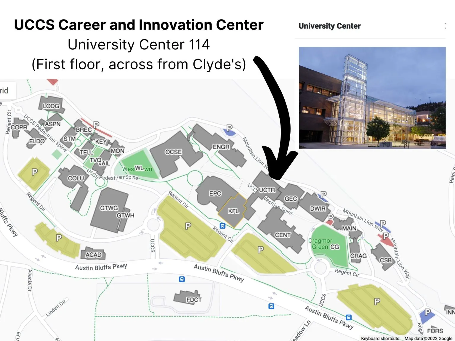 photo of campus map with arrow pointing to the university center