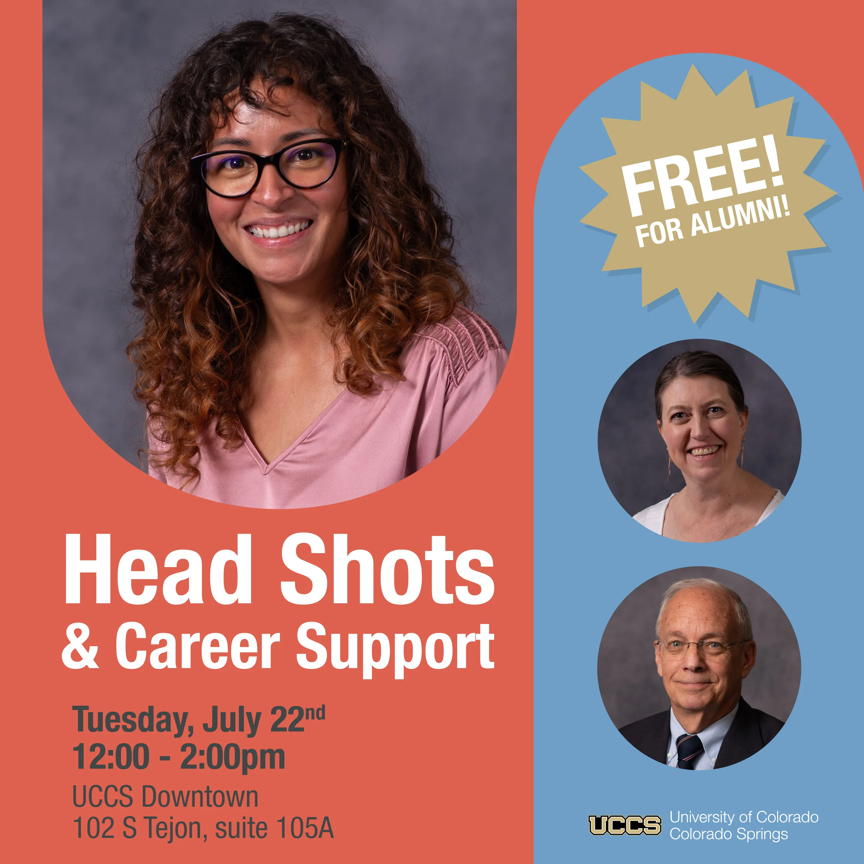 Headshots event flyer with information about the event and photos of alumni headshots